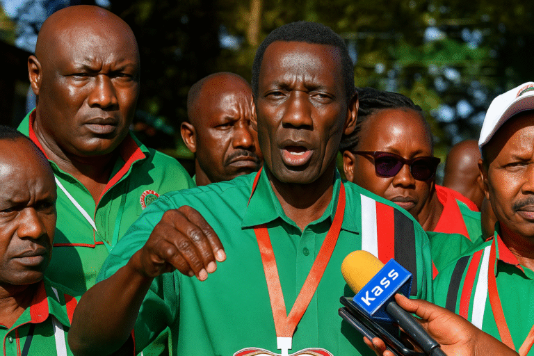 Knut Secretary-General Collins Oyuu (centre), accompanied by the union’s National Executive Committee members and officials, addresses the press during the Eldoret West Knut Branch’s Annual General Meeting held at Bishop Delany Memorial Secondary School on August 15, 2025.