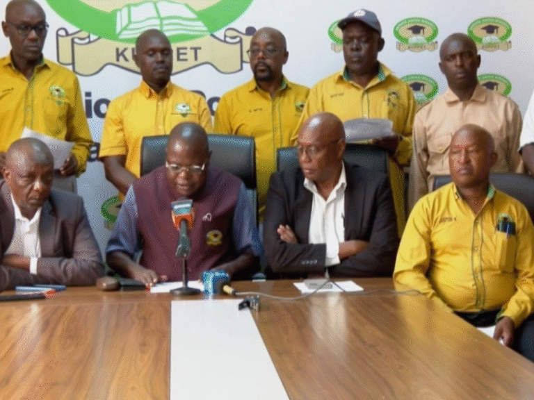 Officials from the Kenya Union of Post Primary Education Teachers (KUPPET) at a press conference.