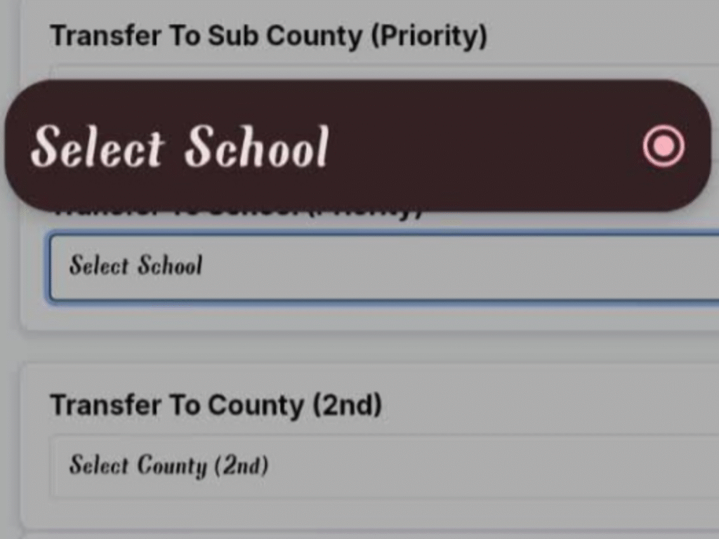 A screenshot highlighting the missing school selection option in the TSC online transfer portal.