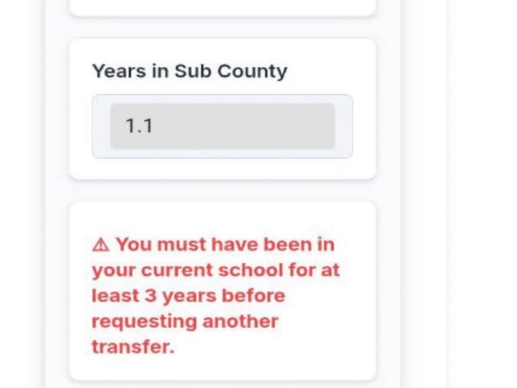 A screenshot highlighting a mismatch in the number of years displayed on the TSC online teacher transfer system
