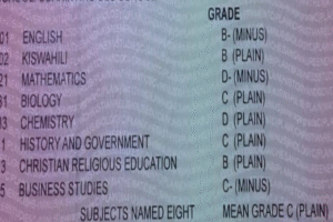 A scanned copy of an official Kenya Certificate of Secondary Education (KCSE) certificate.