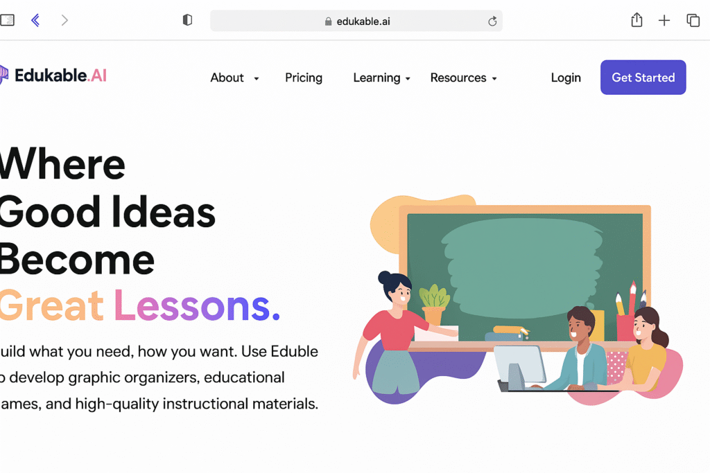 A screenshot of the Edukable.ai platform, showcasing its AI-powered tools for saving time for educators and students.