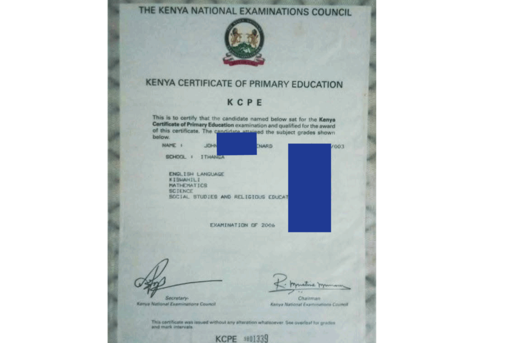 A sample of the Kenya Certificate of Primary Education (KCPE) certificate issued by the Kenya National Examinations Council (KNEC).