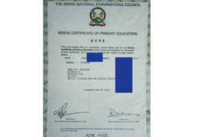A sample of the Kenya Certificate of Primary Education (KCPE) certificate issued by the Kenya National Examinations Council (KNEC).