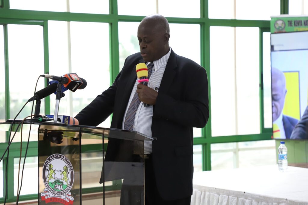 The Chairman of the Kenya National Examinations Council (KNEC), Prof. Julius Nyabudi, during a public address on October 3, 2025. (Photo: KNEC)