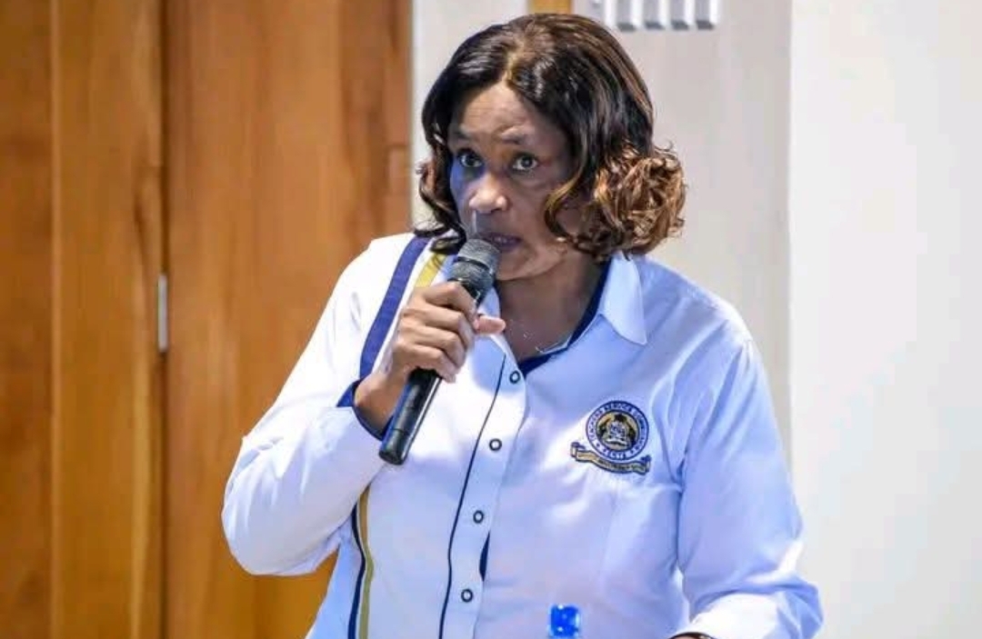 The Acting Chief Executive Officer of the Teachers Service Commission (TSC), Ms. Eveleen Mitei, addressing teachers at Moi International Sports Centre, Kasarani, during the World Teachers' Day celebrations on October 5, 2025. (Photo: Teachers Service Commission)