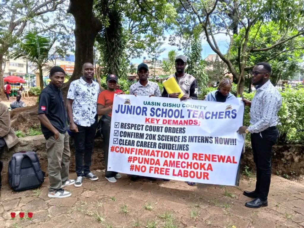 Junior Secondary School (JSS) teachers protest in Uasin Gishu County, calling for the absorption of their intern positions into permanent and pensionable roles. PHOTO/NTV